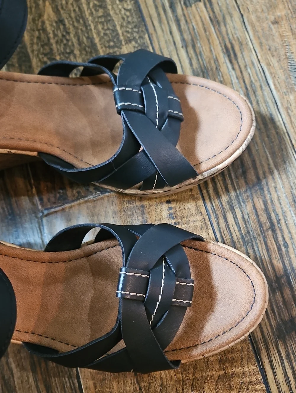 b.o.c Black‎ Leather Women's Cork Wedge Sandals - Ankle Strap Slingback